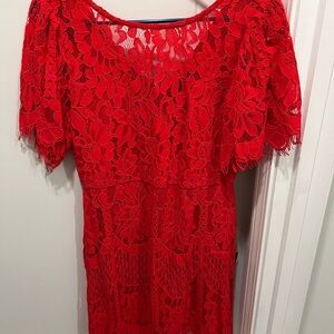 Lulu's Red Sheath Midi Dress with Flutter Sleeves